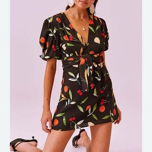 FINDERS KEEPERS NWOT Calypso Fruit Print Black Deep V Neck Mini